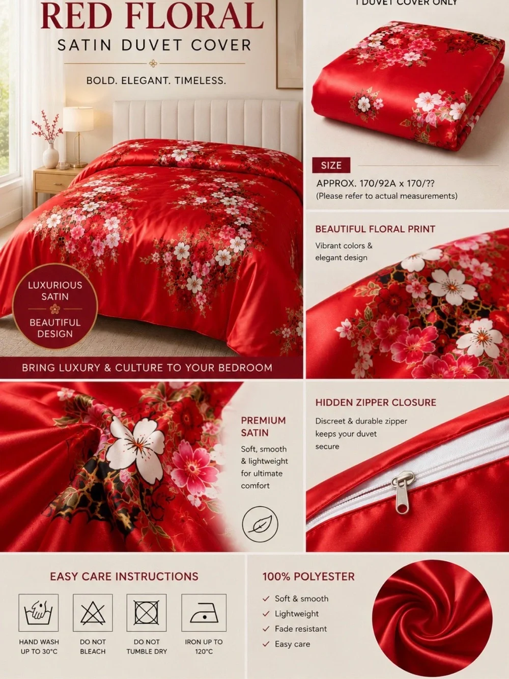 Red Floral Satin Duvet Cover - Elegant Red Bedding